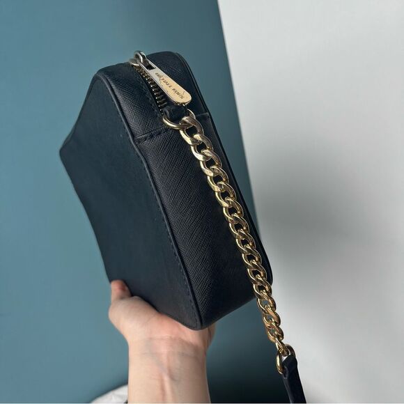 MICHAEL KORS Black Leather Saffiano Camera Bag Crossbody Chain Jet Set - Picture 3 of 9